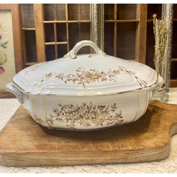 Antique White Porcelain Ironstone Meakin WM Co Tureen With Lid Floral Gold & Gre